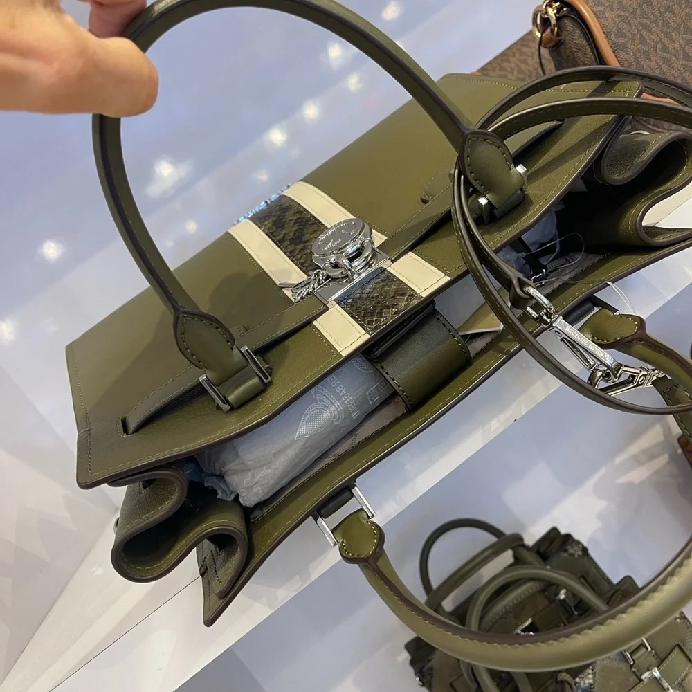 MICHAEL KORS Hamilton Med Leather and Snake Embossed Stripe Satchel Olive  NWT